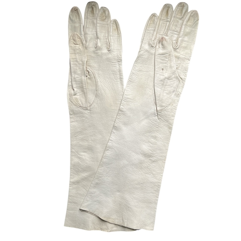 Vintage | Elegant Long Cream Off-white Leather Opera Gloves Small